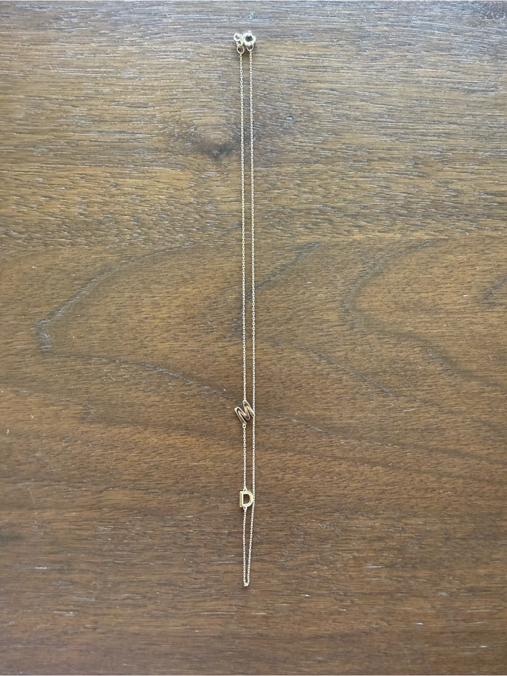14k Yellow Gold Initial Necklace -  16 inches with letters “M” and “D”